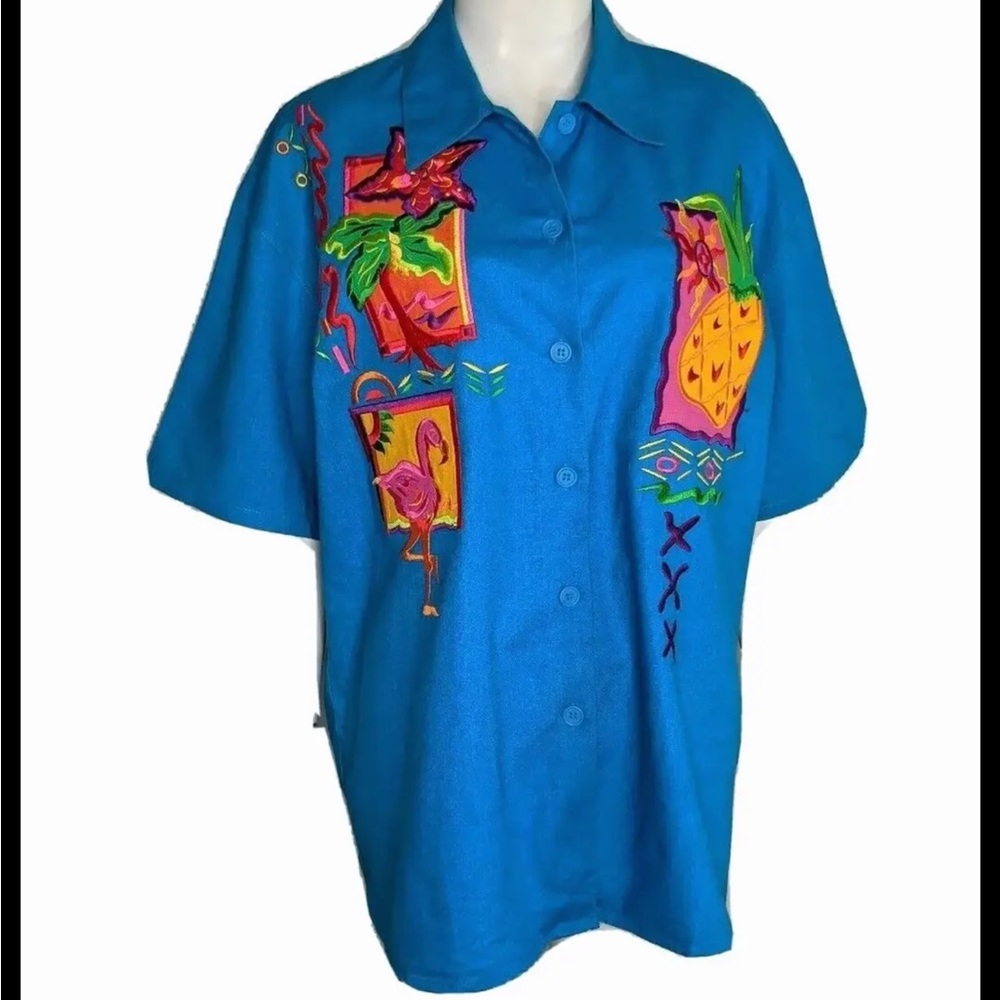 Vintage 90s Tropical Linen Shirt L Flamingos Blue Pineapple Coconut Tree Blouse